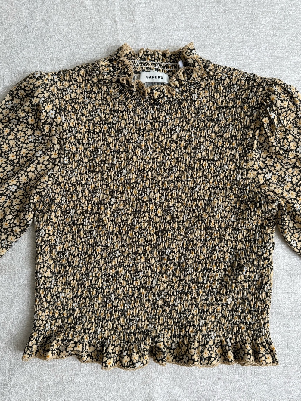 Sandro Gigi Floral Print Smocked Mock Neck Top